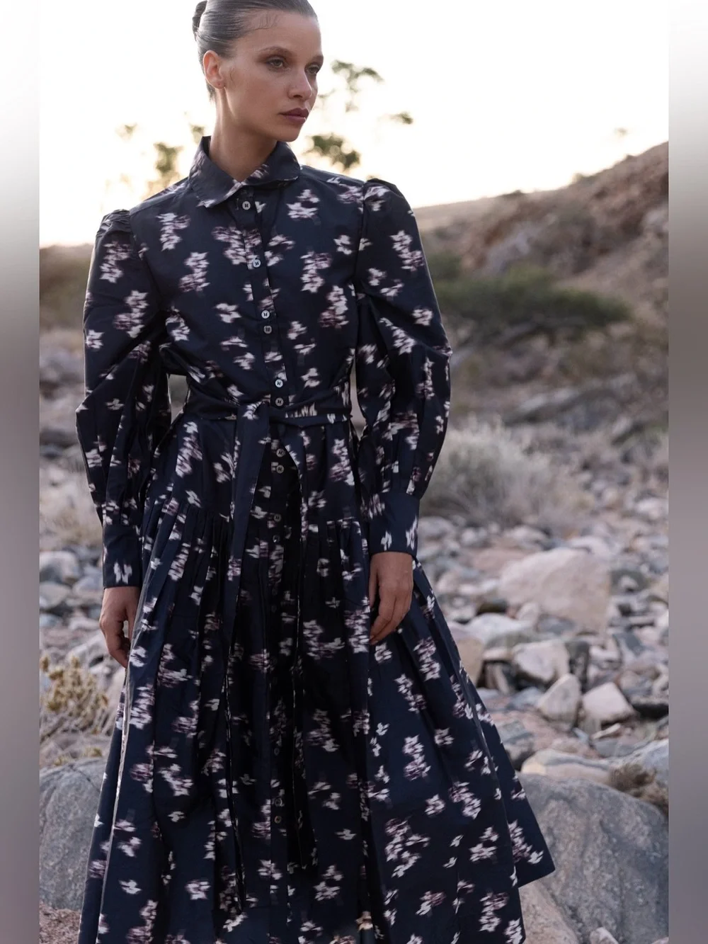 Oliphant Nora Black Lebombo Button-Up Long Sleeve Dress Large